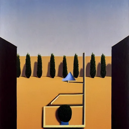 Image similar to the maze from the shining, surrealist painting by Rene Magritte