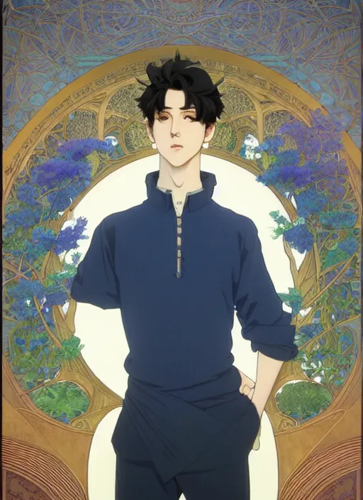 Prompt: handsome young man with short black hair, male, dressed in blue, half body shot, path traced, highly detailed, high quality, digital painting, by studio ghibli and alphonse mucha, leesha hannigan, hidari, art nouveau, chiho aoshima, posuka demizu, atey ghailan, artgerm, ayami kojima