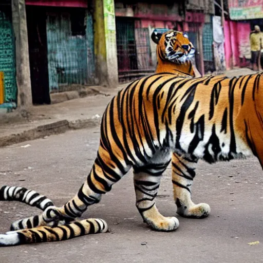 Prompt: photograph of a Tiger smoking smoking a joint in the streets of Dhaka