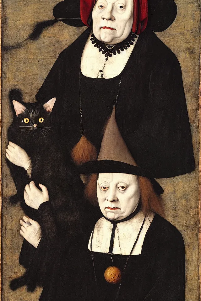 Image similar to painted portrait of a creepy witch with a fat black cat, 1 6 th century, hans holbein the younger, jan van eyck, gerit dou,