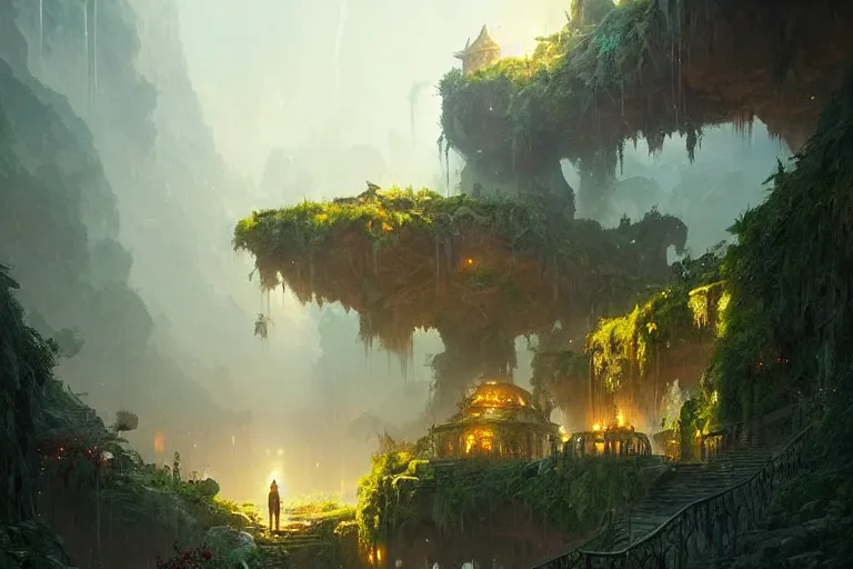 Image similar to City hidden in a cave, natural light, lush plants and flowers, elegant, intricate, fantasy, atmospheric lighting, by Greg rutkowski, trending on artstation