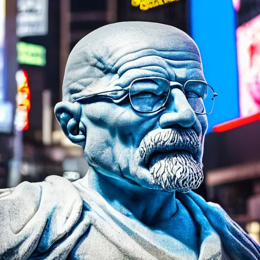 Image similar to a photograph of a very detailed renaissance sculpture of walter white as a smurf in times square, made by michelangelo, from the distance, hyper detailed, sharp focus, 8 k resolution, ray tracing