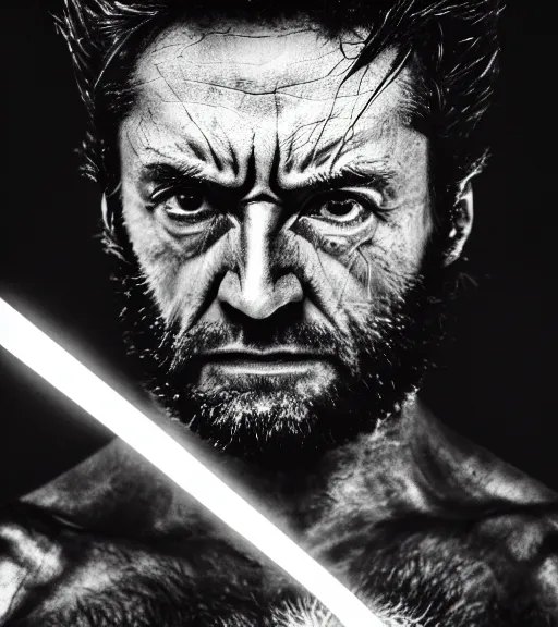 Image similar to wolverine in pain and anger deep dark backlit night technoir cinematic monochromatic portrait photo by Leica Zeiss in detailed depth of field lens flare trending on Flickr realistic hd by frank Miller