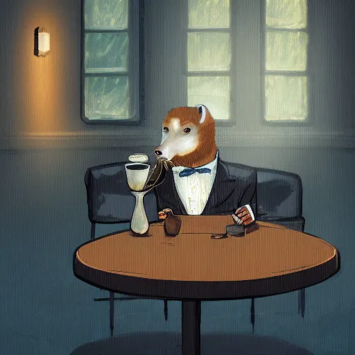 Image similar to a weasel in a suit was drinking tea, surrounded by tea houses ambient lighting, 4 k, russ mill, artstation