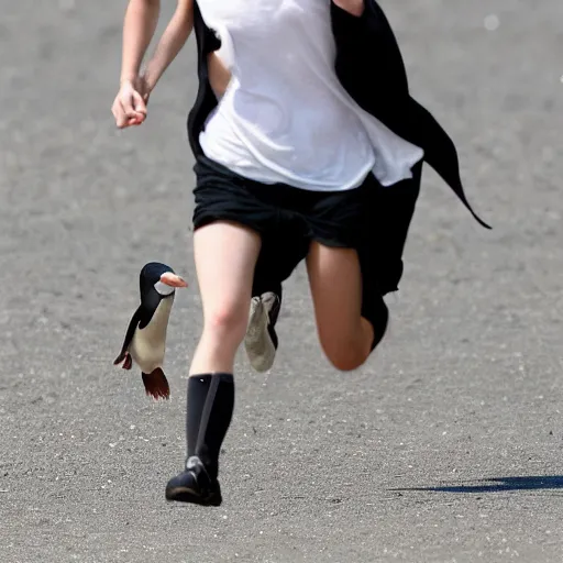 Image similar to a photograph of emma watson chasing a penguin