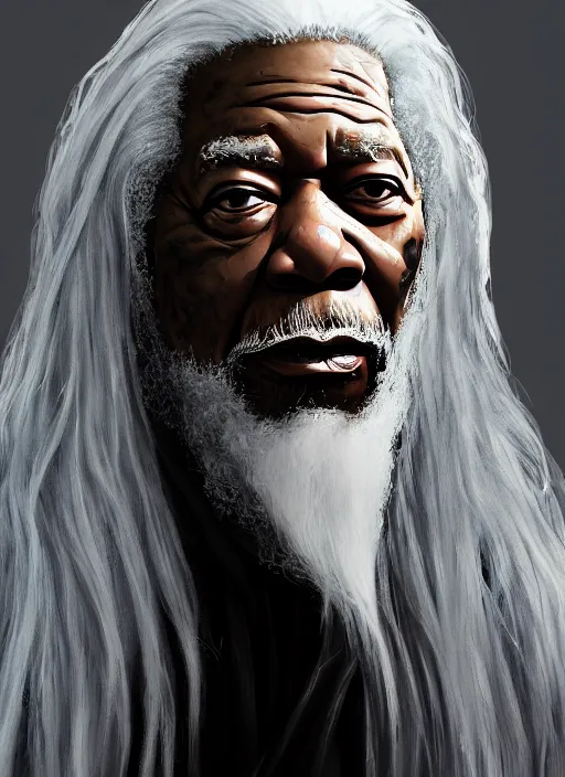 Prompt: evil morgan freeman as evil wizard saurman the white, long white hair and white beard, beautiful pure white warlock flowing robes, long black wizard staff by alan lee, lord of the rings, smooth, oil painting, matte painting, concept art, trending on artstation, promotional artwork, film still, elegant, photorealistic facial features, intricate, detailed face, cinematic lighting