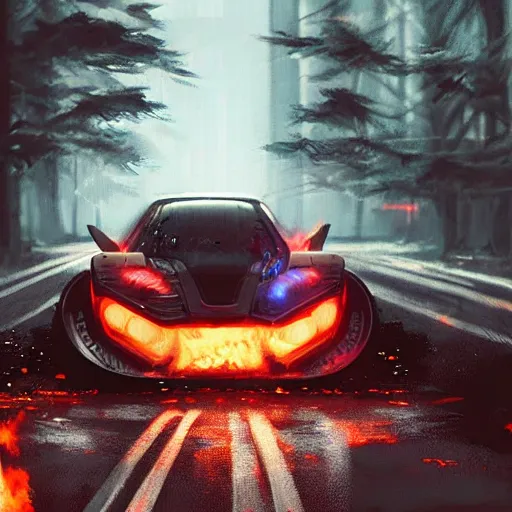 Image similar to [ cyberpunk car on fire in the middle of the woods ] stylized artgerm artstation hd cgsociety cgi realistic dramatic cinematic artistic trending detailed