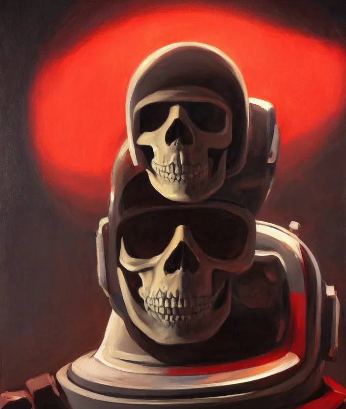 Image similar to a portrait of an astronaut with a skull head, cinematic and highly detailed oil painting by edward hopper, oil painting masterpiece, mysterious, very aesthetic, cinematic and dramatic red light, 4 k,