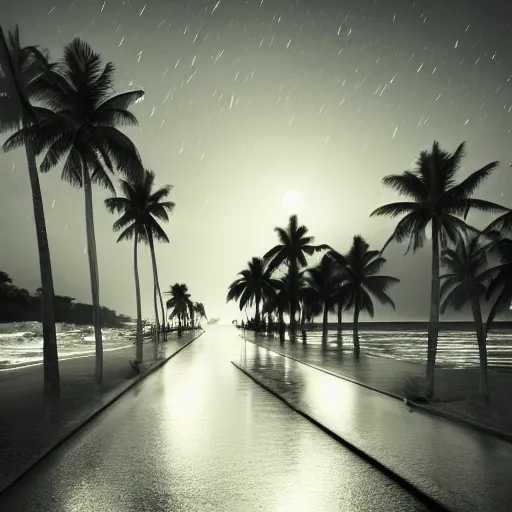 Image similar to dimly lit road at night after rain that leads to a small cozy beach surrounded by palm trees, shot from sky, desaturated, photorealistic, beautiful, sharp, highly detailed, artstation, pixvy