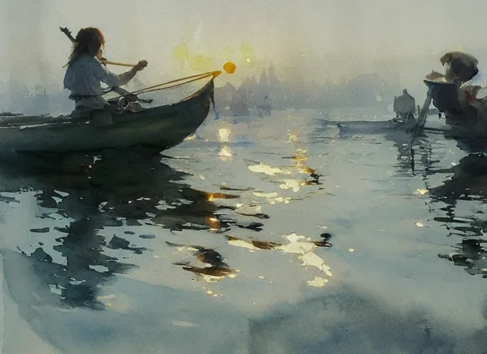 Image similar to watercolor painting of sunny summer morning, calm water, art by anders zorn, wonderful masterpiece by greg rutkowski, beautiful cinematic light, american romanticism by greg manchess, creation by tyler edlin, aquarelle