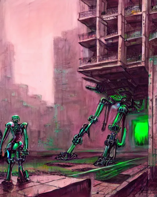 Image similar to hyperrealistic highly detailed exoskeleton baroque mecha iridescent pink brutalist city ruins background concept art santiago caruso de chirico sharp very dramatic green light 8k low angle shallow depth of field