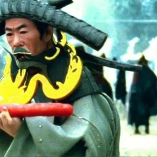 Prompt: scene from Kagemusha, 1980, movie still, cinematic, a samurai eating a hot dog, mustard and ketchup,