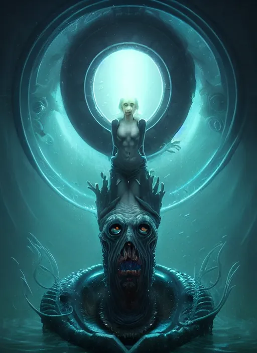 Prompt: a elder god standing in a dark underwater portal! with a beautiful symmetrical face!!! cinematic lightning, murky dusty deep, smoky eyes, isolated, studio lighting by artgerm yuri shwedoff and tom bagshaw