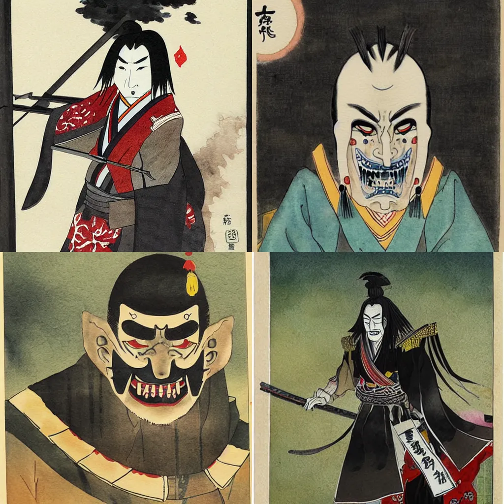 Prompt: a scary Japanese watercolor painting of Oda Nobunaga