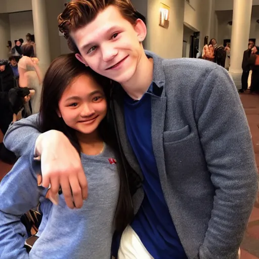 Image similar to Tom Holland with his arm around a beautiful Filipina college girl at Chapman University