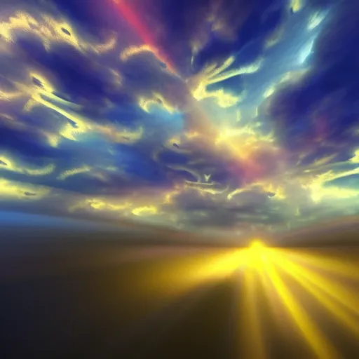 Image similar to psychedelic clouds, god rays, volumetric lighting