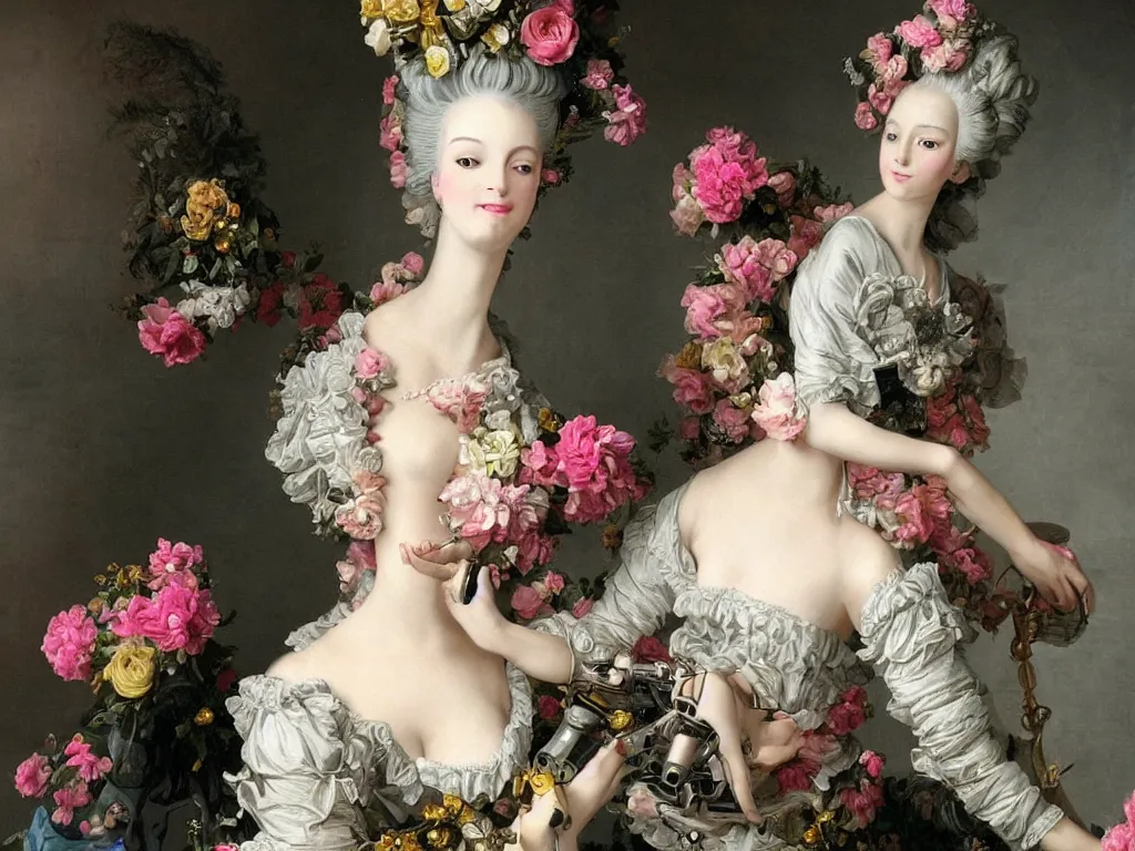 Prompt: robotic mechanic parts marie antoinette beautiful young woman with baroque wig with flowers