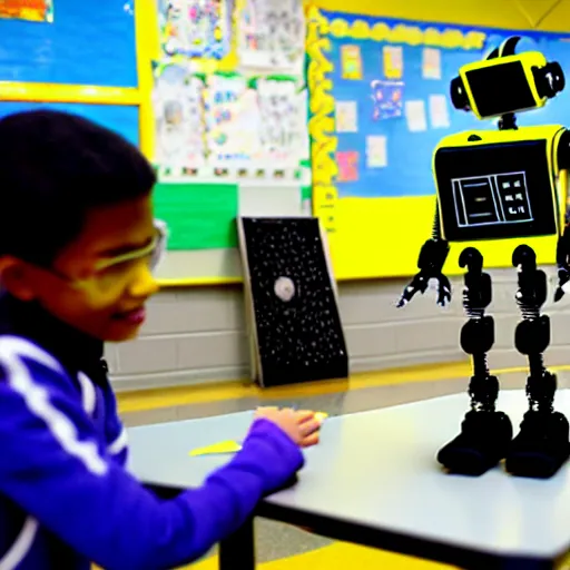 Image similar to cyberpunk robot teaching kids in an elementary school, national geographic photography, 3 d, looks like it was made by dall - e 2