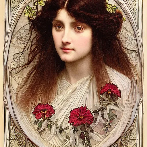 Prompt: Symmetric Pre-Raphaelite painting of a beautiful woman with dark hair and intense white eyes without pupils in a transparent silk dark red dress, surrounded by a halo frame of flowers and a highly detailed mathematical drawings of neural networks and geometry by Doré and Mucha, by John William Waterhouse, Pre-Raphaelite painting