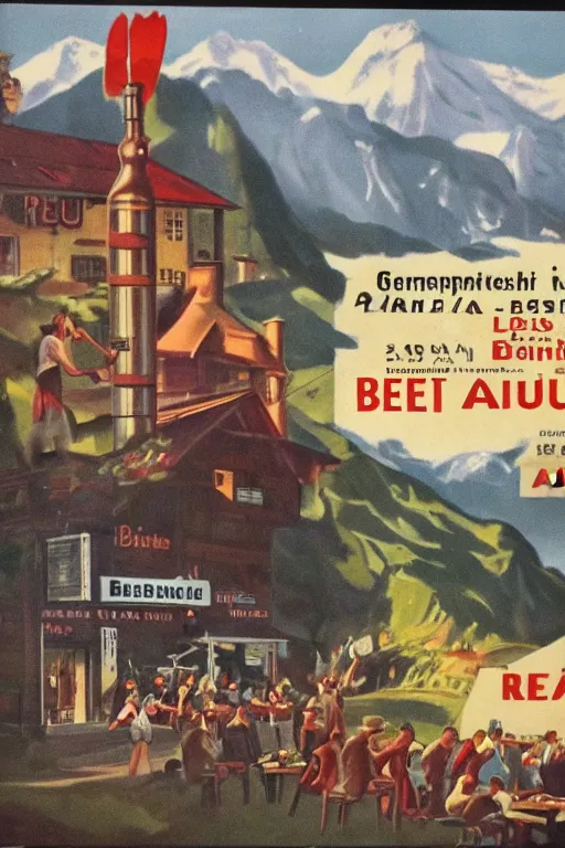 Prompt: 1 9 4 0 s german advertisement of beer, the alps are in the background, unreal engine, global illumination, radiant light, detailed and intricate environment