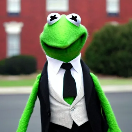 Prompt: “Kermit the Frog as president of the United States, wearing a suit and tie in front of the White House with a helicopter, photo journalism unreal 4k”