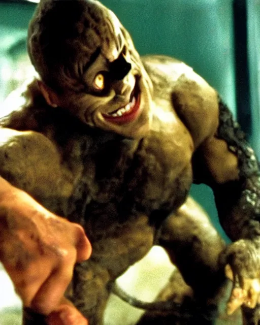 Prompt: film still close - up shot of dwayne johnson as stanley ipkiss petting a mouse in the movie the mask. photographic, photography