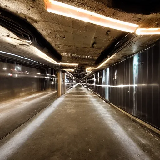 Prompt: wide angle shot of an underground club which is located two floors underground in parking a lot with minimal hip - hop lighting design which can be seen from the street