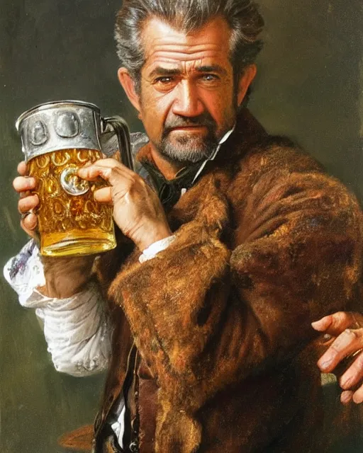 Prompt: a painting of mel gibson holding a mug of beer at the oktoberfest, a detailed painting by konstantin makovsky and by jan matejko and by nikolay makovsky, shutterstock contest winner, german romanticism, detailed painting, oil on canvas, wimmelbilder