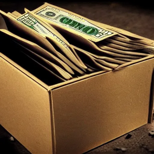 Image similar to money dollar stacks in cardboard box. criminal, mafia, cigars. pulp fiction movie. photorealistic. epic composition. highly detailed.