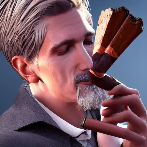 Image similar to a high quality photo of xqc smoking a cigar, 3d scene, render, ultra realistic, artstation, cgsociety