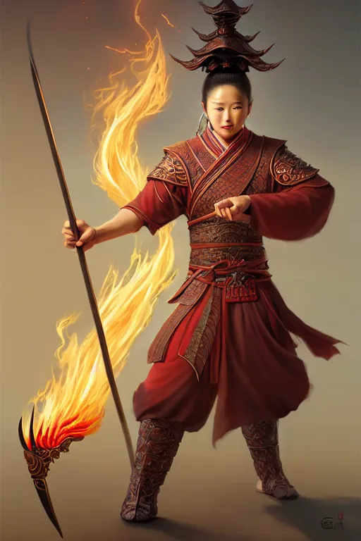 Image similar to charming nezha, highly detailed, man holding spear, flame everywhere, epic pose, masterpiece chinese fantasy character portrait, highly detailed, digital painting, trending on artstation, concept art, sharp focus, illustration, global illumination, ray tracing, realistic shaded, art by artgerm and greg rutkowski and fuji choko and viktoria gavrilenko and hoang lap