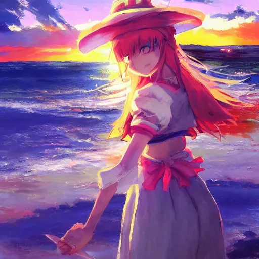 Image similar to Beautiful abstract portrait of Kirisame Marisa from the Touhou project at the beach at sunset, touhou project official artwork, danbooru, oil painting by Antoine Blanchard, sold at an auction, oil on canvas , wide strokes, pastel colors, soft lighting