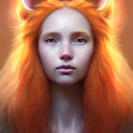 Image similar to Portrait of a girl angel with pale orange colored frizzy strands of illuminated hair, cat ears on her head, glowing halo, Lion's Mane, Lion's Gate, 8/8, fantasy, intricate, elegant, highly detailed, digital painting, artstation, concept art, smooth, sharp focus, illustration, art by Krenz Cushart and Artem Demura and alphonse mucha