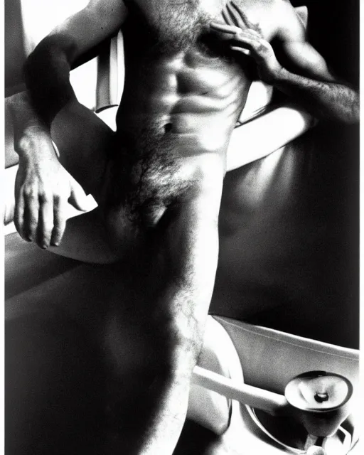 Prompt: Tyler Durden photographed by helmut newton, 1977, studio photography, award winning, cdx,