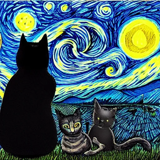 Image similar to back of Cats staring at the moon a starry night style