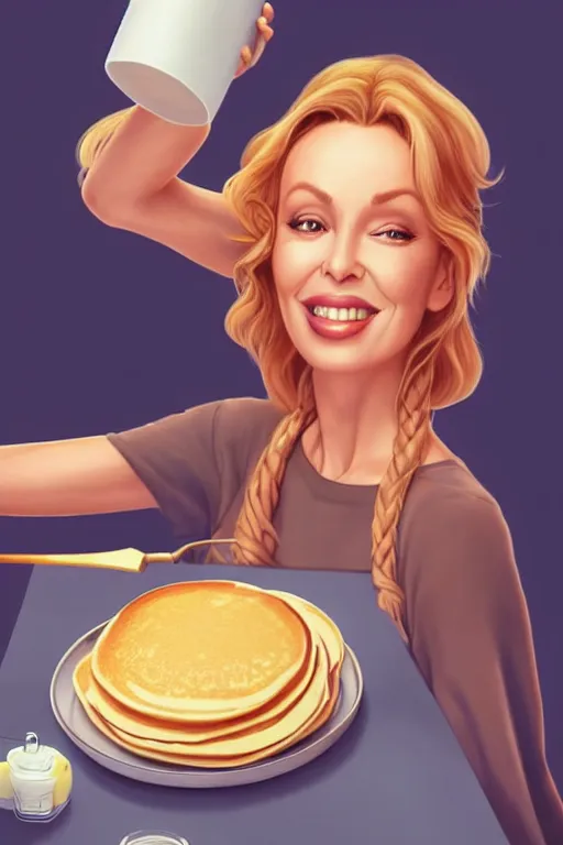 Image similar to kylie minogue making pancakes, animation pixar style, by pendleton ward, magali villeneuve, artgerm, rob rey and kentaro miura style, golden ratio, trending on art station