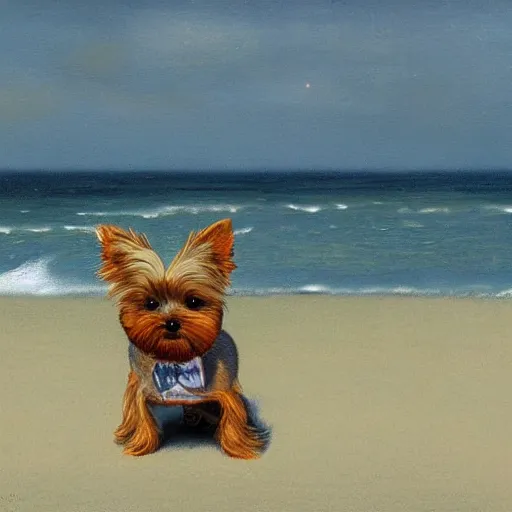 Image similar to a Yorkshire terrier at the beach wearing a bow tie, extremely detailed masterpiece, illustration, by Michael Sowa,