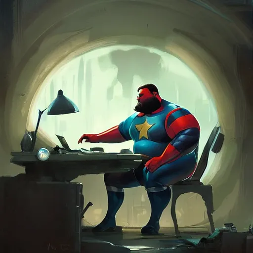 Prompt: a insanely detailed painting of a slightly overweight man wearing a homemade superhero costumed, sitting at a computer desk, nervously and clicking on the mouse, in the style of peter mohrbacher, dramatic lighting and composition, trending on artstation, concept art, comic book, graphic novel