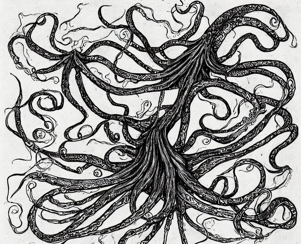 Image similar to a drawing of a giant squid with evil tentacles reaching all around the world, in the style of edward gorey