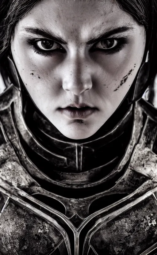Prompt: symmetrical portrait photograph of a beautiful young woman wearing black armor, angry eyes, no helmet, cinematic, 200mm prime lens