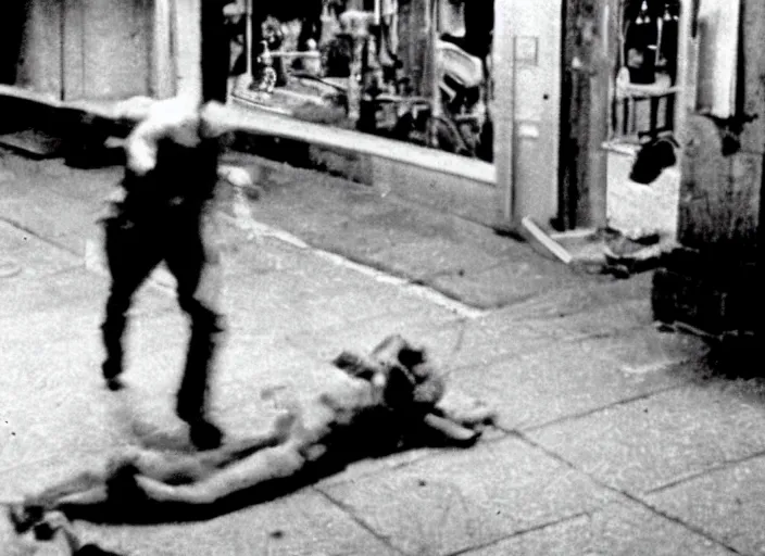 Prompt: disturbing security cam footage of a human corpse walking in the stree horror film practical fx by david cronenberg ridley scott 1 9 7 0