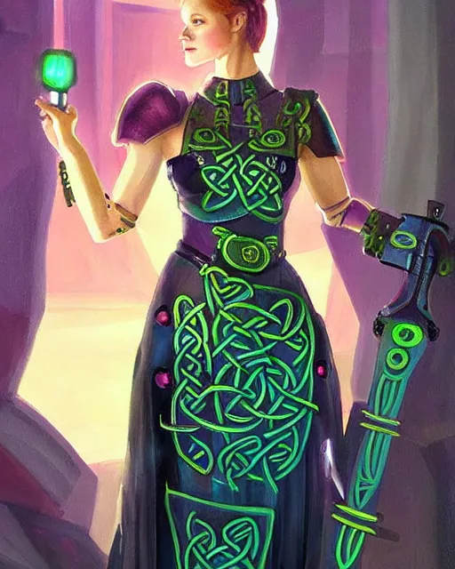 Prompt: celtic scifi princess of the highlands, wearing a lovely dress with cyberpunk details. this oil painting by the beloved children's book author has an interesting color scheme and impeccable lighting.