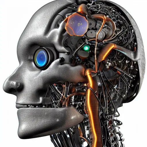 Image similar to very detailed portrait 55mm photo of a mechanical head without skin, with crystal bones and optic fiber nerves, gears in his head and cybernetic enhancements. Has cameras for eyes. In the forest with bokeh. Ray tracing and tessellation. Very sharp high detailed 8k image