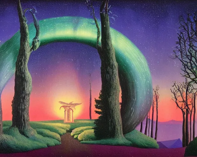 Prompt: Enchanted forest, with a magical portal gate leading to Paradise, with Aurora Borealis in the sky, by John Avon and René Magritte, oil on canvas