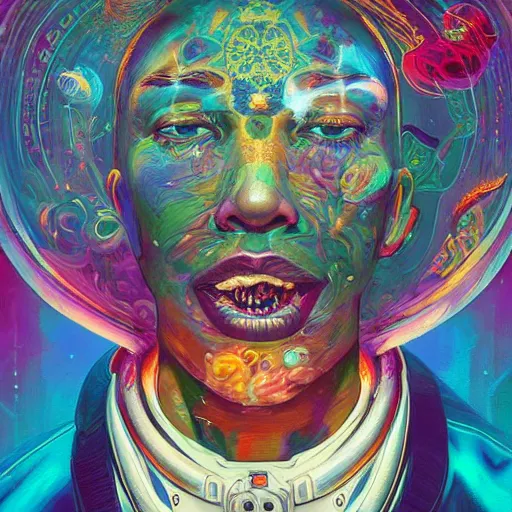 Image similar to An extremely psychedelic experience, colorful, surreal, dramatic lighting, cosmonaut, LSD, face, detailed, intricate, elegant, highly detailed, digital painting, artstation, concept art, smooth, sharp focus, illustration, art by Sam Spratt, Dan Mumford, Artem Demura and Alphonse Mucha