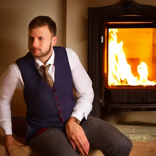 Image similar to man in a waistcoat staring at a log fire jelious girlfriend, 1 5 0 mm lighting effect