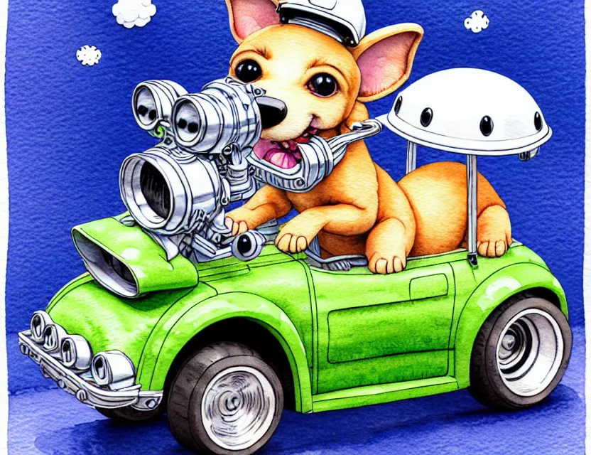 Image similar to cute and funny, puppy wearing a helmet riding in a tiny hot rod with an oversized engine, ratfink style by ed roth, centered award winning watercolor pen illustration, isometric illustration by chihiro iwasaki, edited by range murata, tiny details by artgerm and watercolor girl, symmetrically isometrically centered, sharply focused