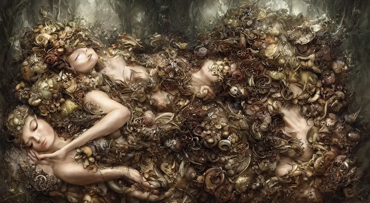 Image similar to pretty sleeping woman with mushrooms as camouflage, by ellen jewett, tomasz alen kopera and justin gerard : 3