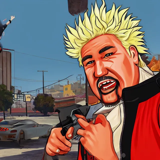 Prompt: guy fieri in gta vi : flavortown promotional art by stephen bliss