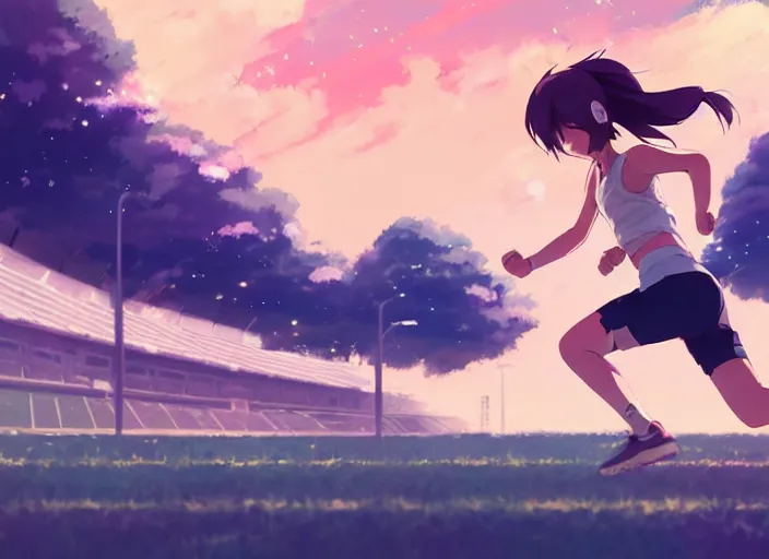 Image similar to cute runner girl, smoky sunny sky background stadium landscape illustration concept art anime key visual trending pixiv fanbox by wlop and greg rutkowski and makoto shinkai and studio ghibli and kyoto animation sports clothing marathon running shoes